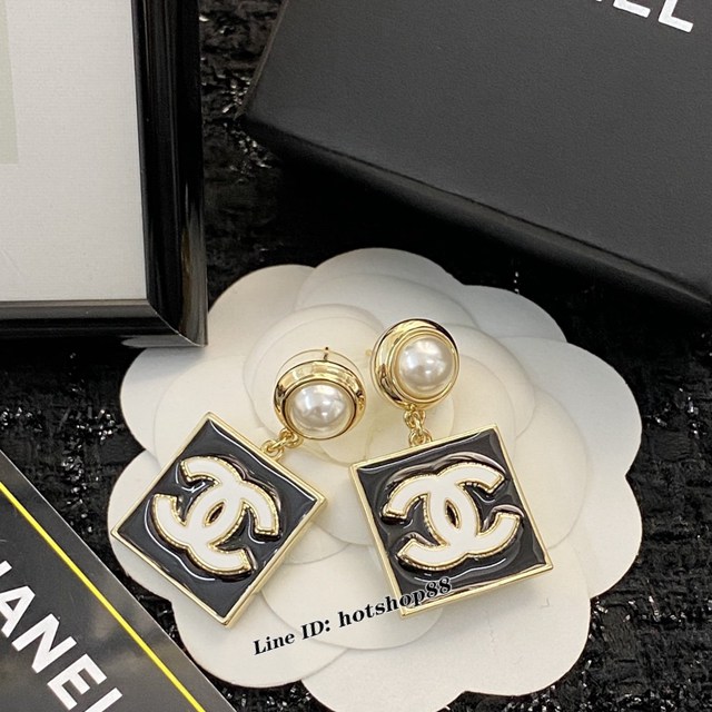 Chanel專櫃新款耳環耳飾 香奈兒琺瑯金屬吊墜方塊耳環耳釘中古經典款 zgb3382